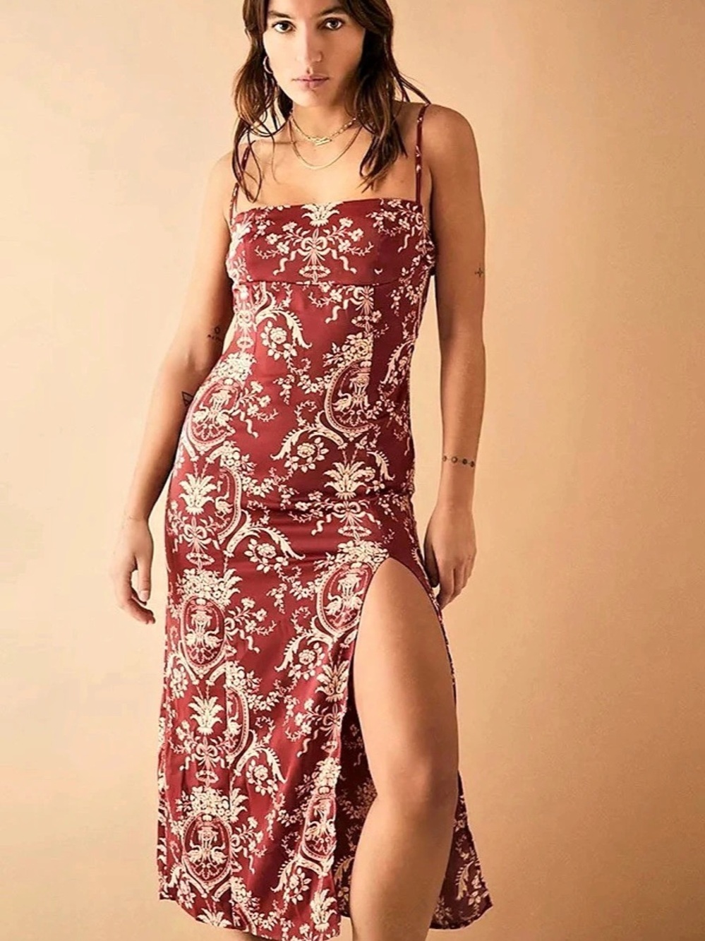 Urban Outfitters UO Sasha Satin Midi Slip Dress Red & White open-back tie Large
